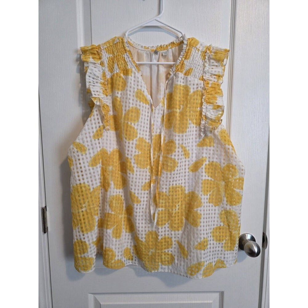 Cato Yellow Floral Ruffle Split Neck Sleeveless Blouse Plus Size 22/24W 092
